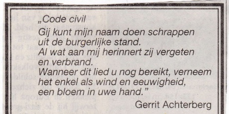 Rouwadvertentie met tekst Gerrit Achterberg