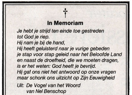 rouwadvertentie met tekst Nel Benschop