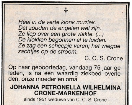 rouwadvertentie met tekst C.C.S. Crone