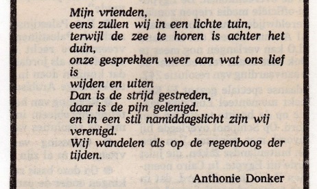 rouwadvertentie met tekst Anthonie Donker