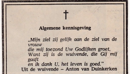 rouwadvertentie met tekstAnton van Duinkerken