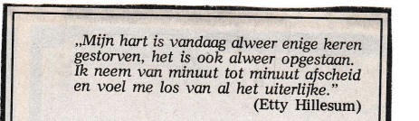 rouwadvertentie met tekst Etty Hillesum