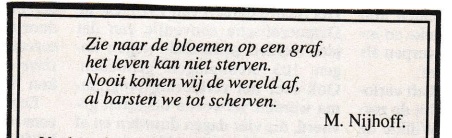 rouwadvertentie met tekst M. Nijhoff