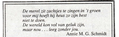 rouwadvertentie met tekst Annie M.G. Schmidt