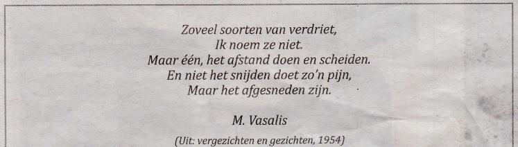 rouwadvertentie met tekst M. Vasalis