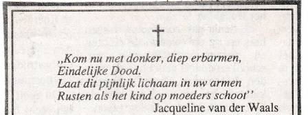 rouwadvertentie met tekst Jacqueline van der Waals