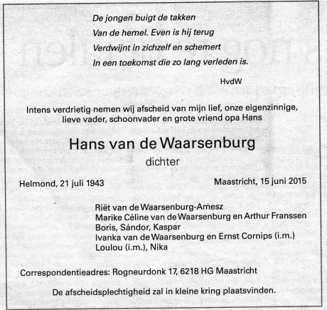 rouwadvertentie Hans van de Waarsenburg